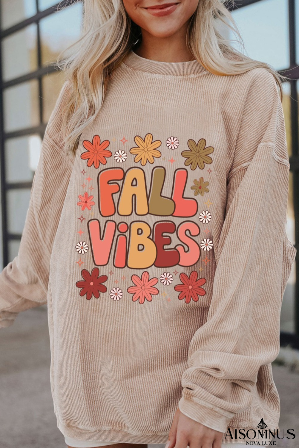 Apricot Twisted Rib FALL VIBE Graphic Baggy Sweatshirt