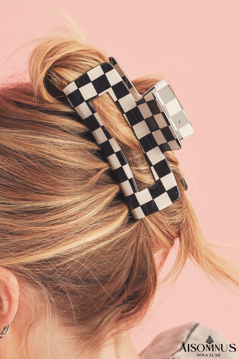 Black Checkered Print Hollow Out Hair Claw