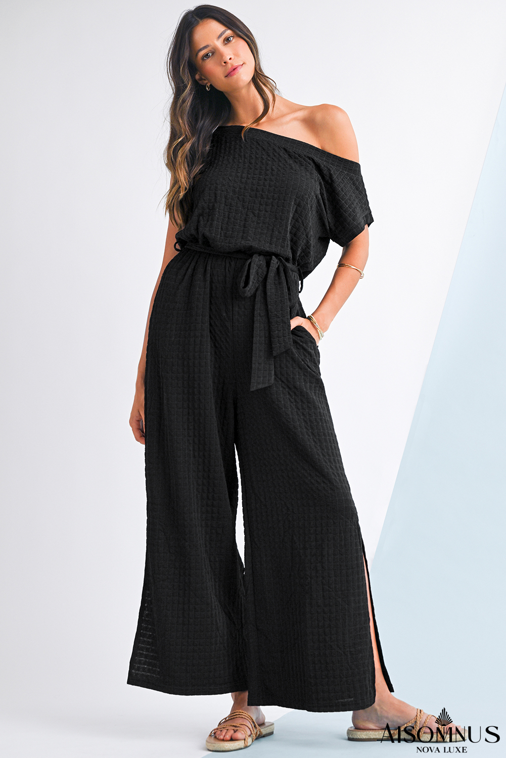 Black Checkered Mesh One Shoulder Short Sleeve Knotted Waist Jumpsuit