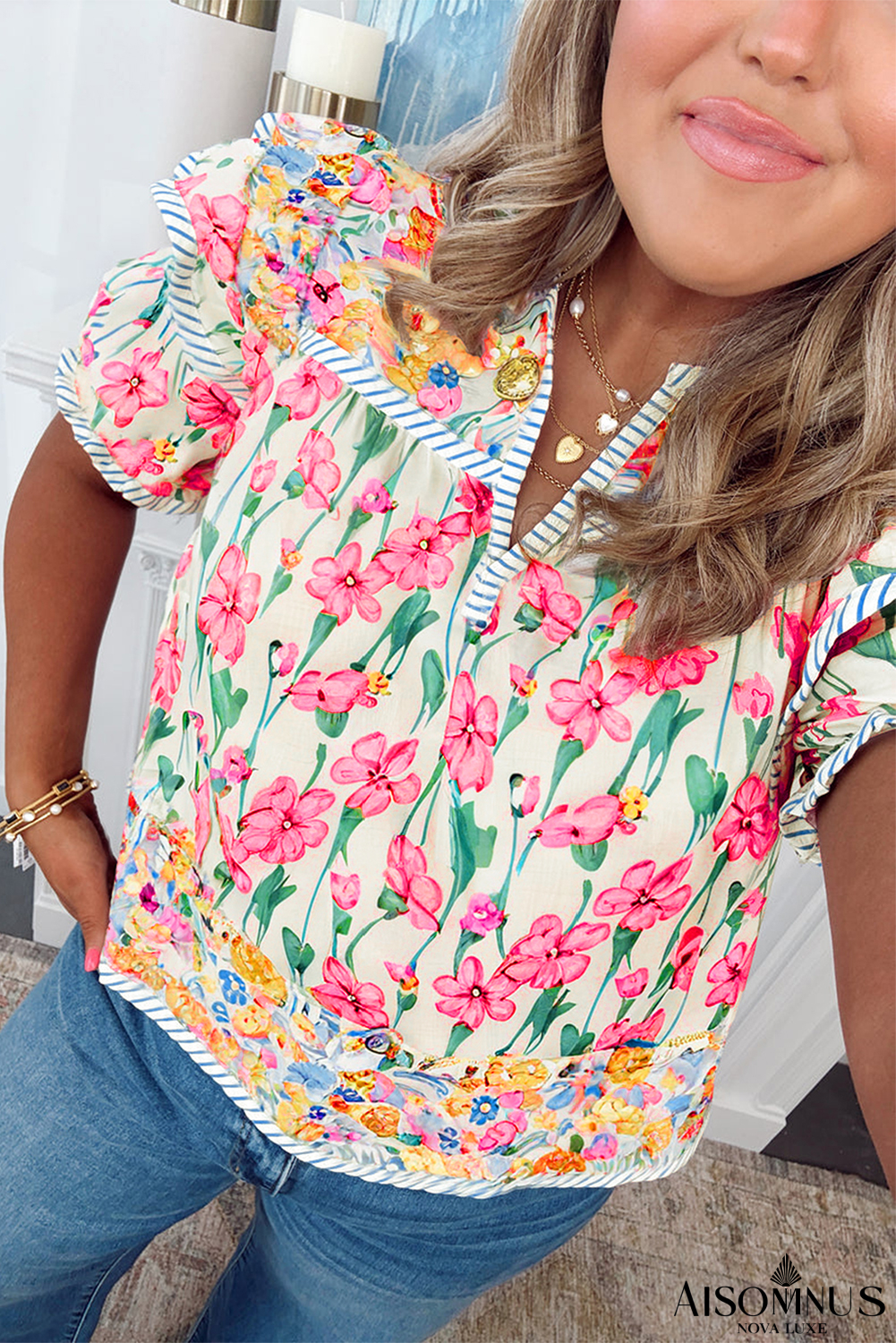 Pink Plus Size Floral Print Striped Trim V Neck Blouse