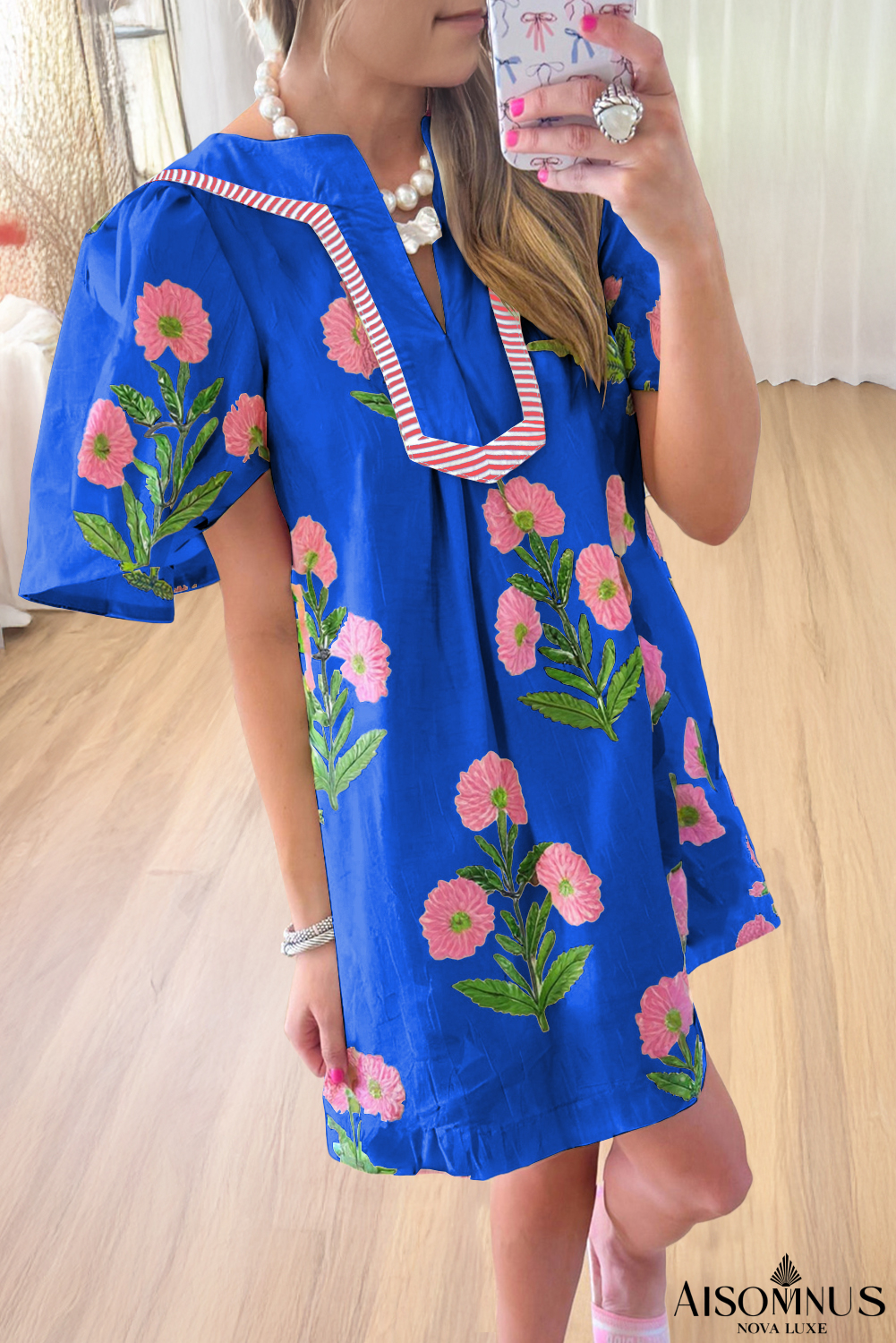 Blue Striped Trim Short Sleeve Split Neck Floral Mini Dress