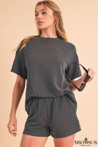 Carbon Grey Ribbed Textured Loose Fit Tee & Shorts Set