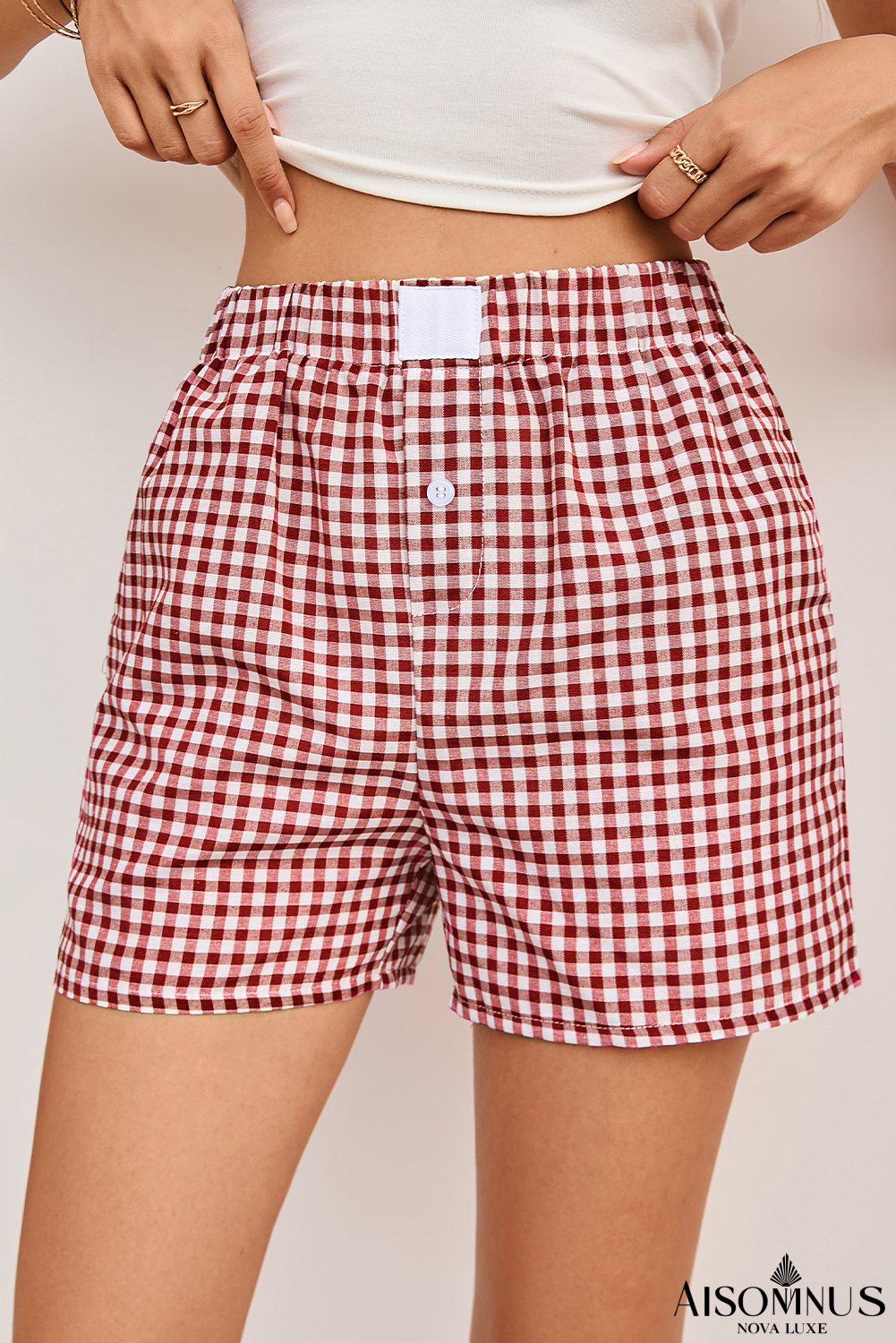 Red Vintage Plaid Print High Waisted Loose Wide Leg Shorts