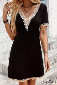 Black Lace Trim V Neck Short Sleeve Mini Dress