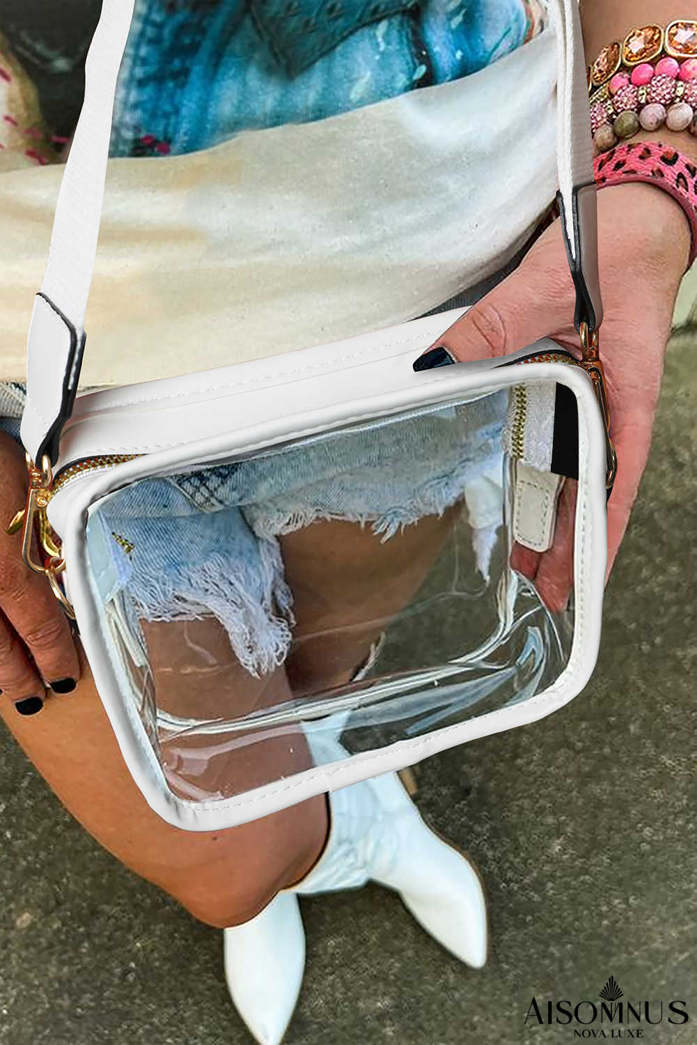 White PU Leather Strap Clear PVC Crossbody Bag