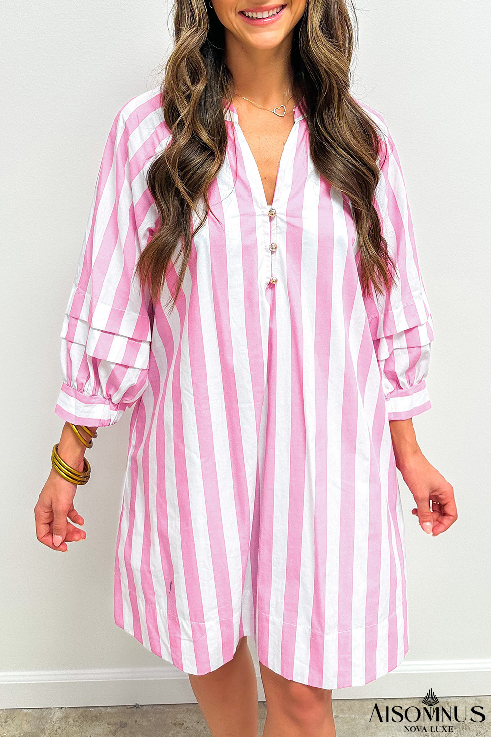 Rose Striped Long Sleeve Buttons Loose Mini Dress