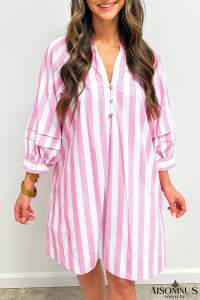 Rose Striped Long Sleeve Buttons Loose Mini Dress