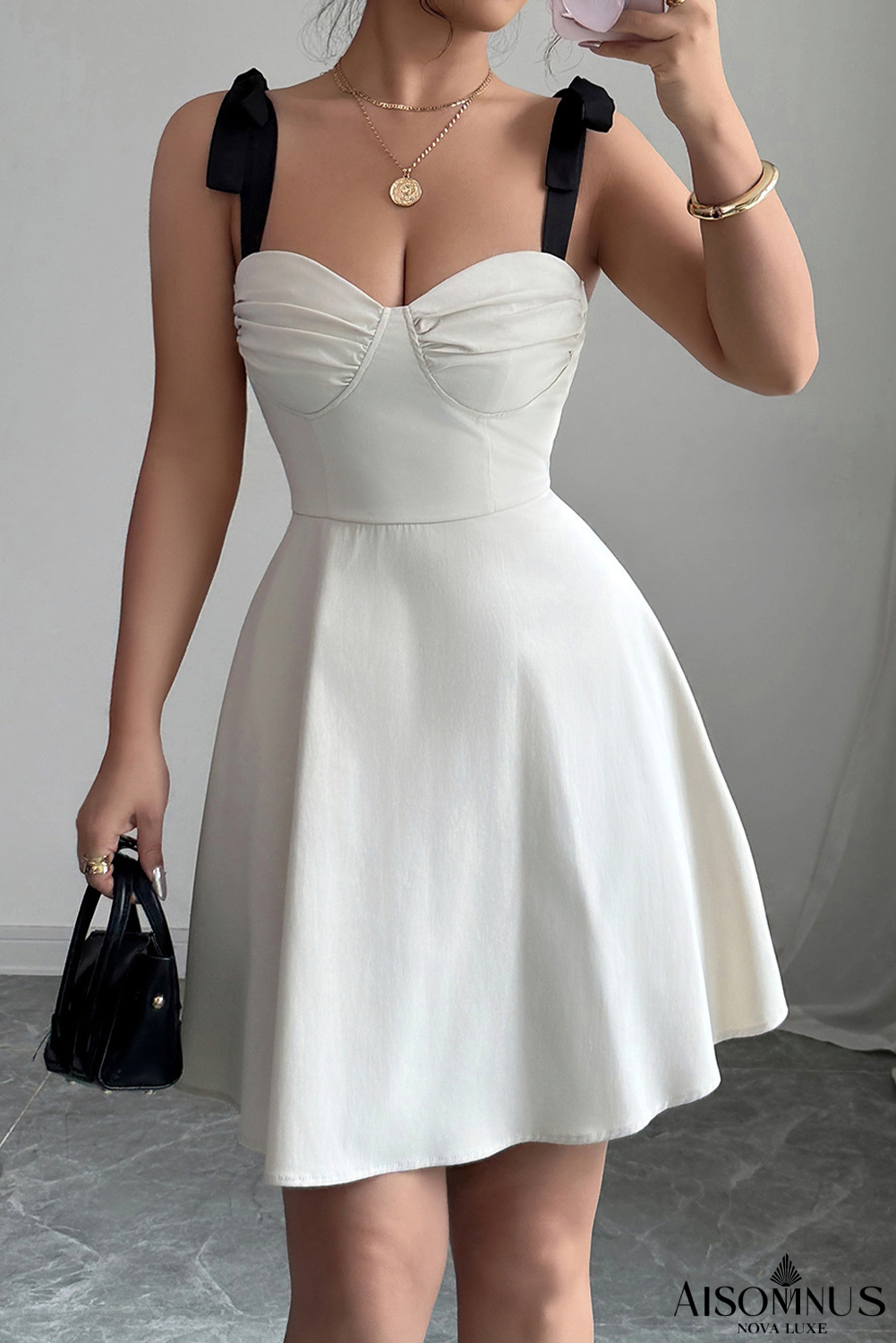 White Sweetheart Neck Tie Shoulder Mini Dress