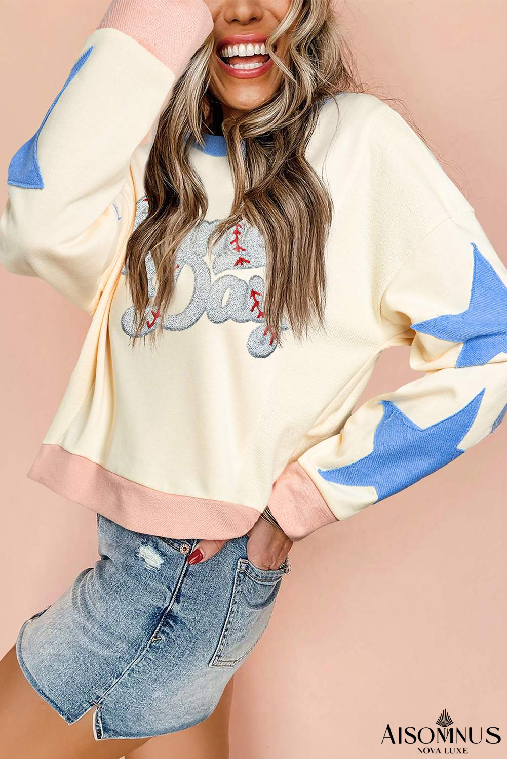 Beige Game Day Sequin Letter Graphic Star Patched Colorblock Sweatshirt
