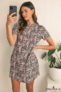 Brown Leopard Print Short Sleeve Pocket Mini Dress