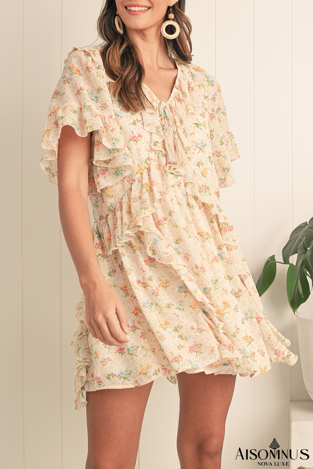 Apricot Boho V Neck Floral Tassel Tie Ruffle Mini Dress