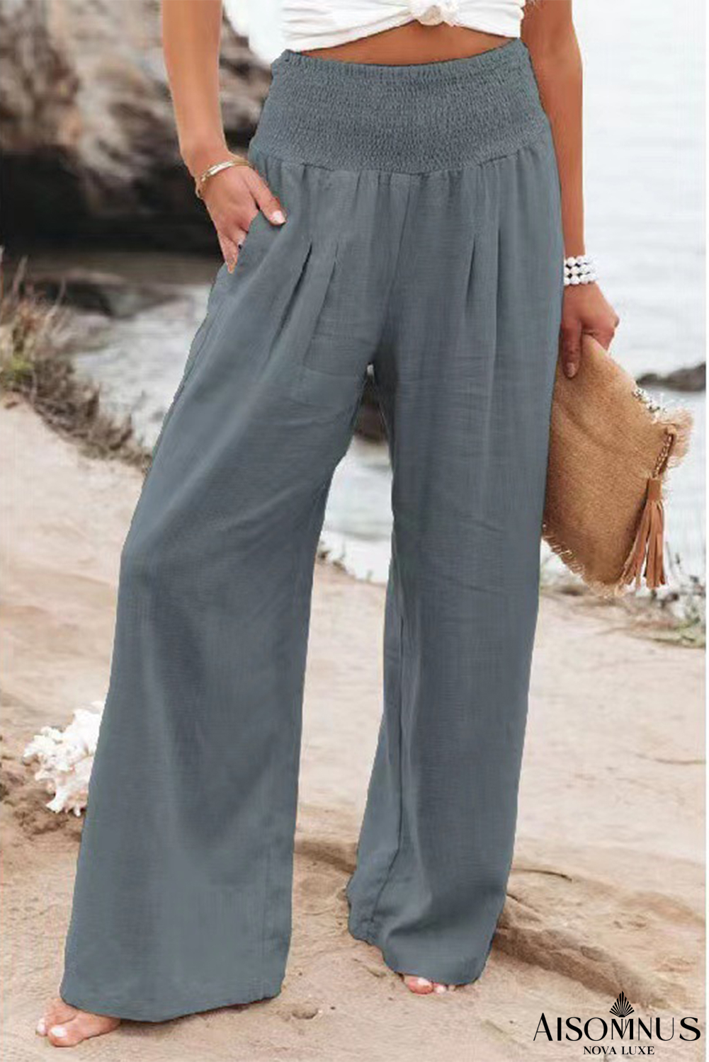 Gray Smocked Wide Waistband High Waist Wide Leg Pants