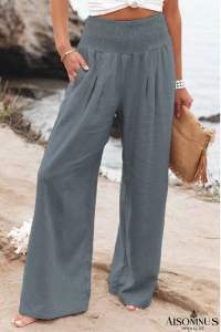 Gray Smocked Wide Waistband High Waist Wide Leg Pants