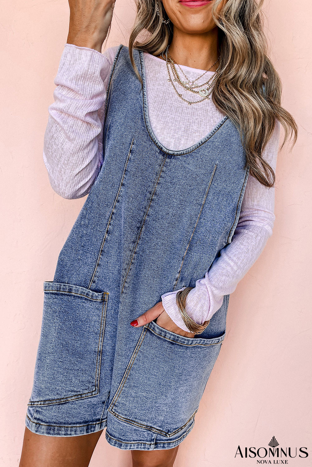 Dusk Blue Sleeveless U Neck Pocket Denim Romper