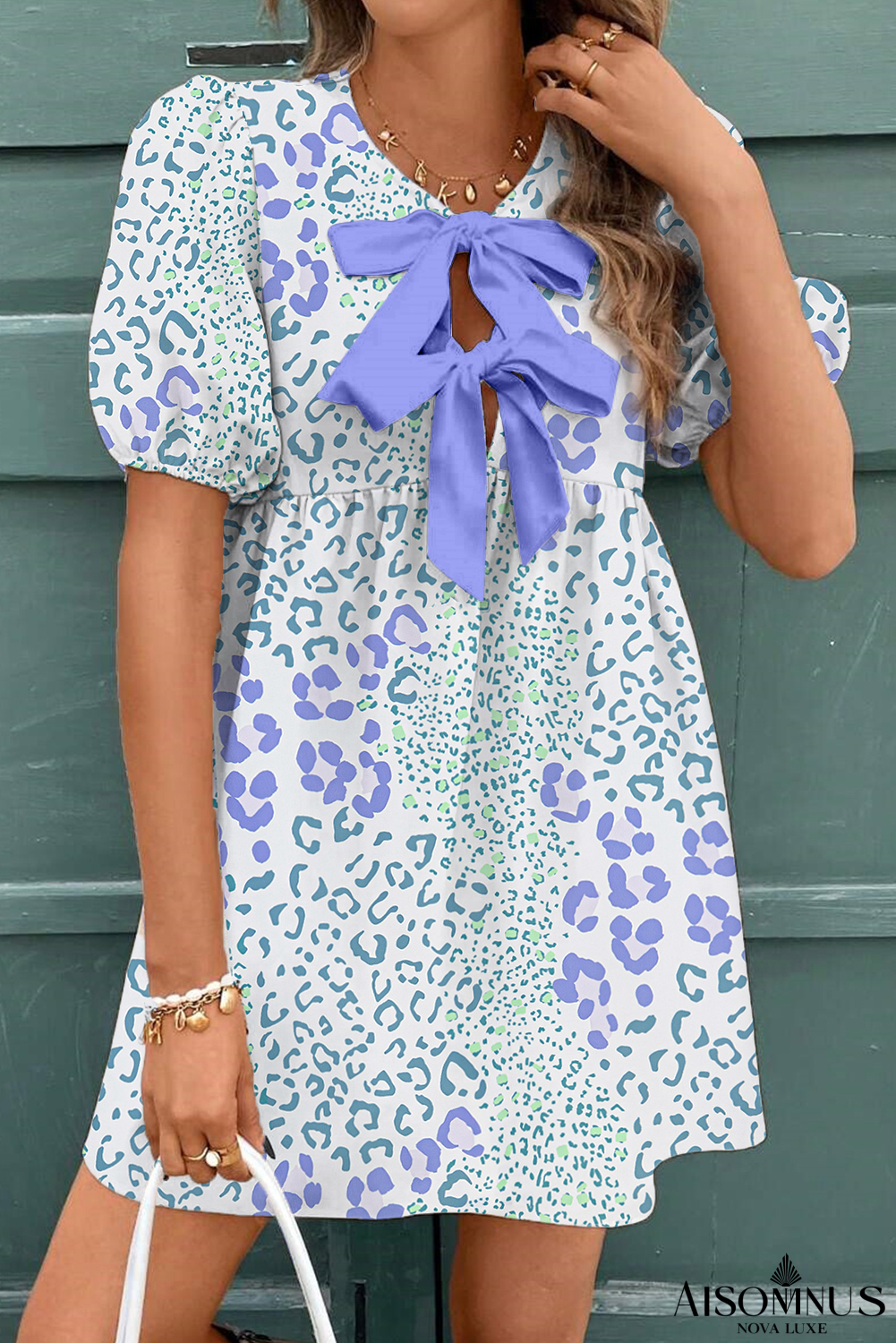 Sky Blue Leopard Bow Front Puff Sleeve Mini Dress