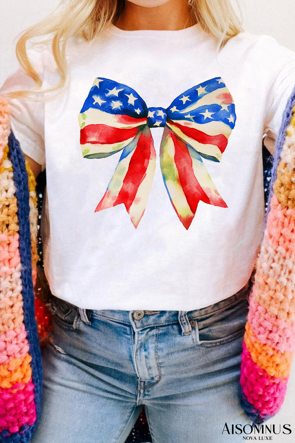 White Independence Day Bow Pattern T Shirt