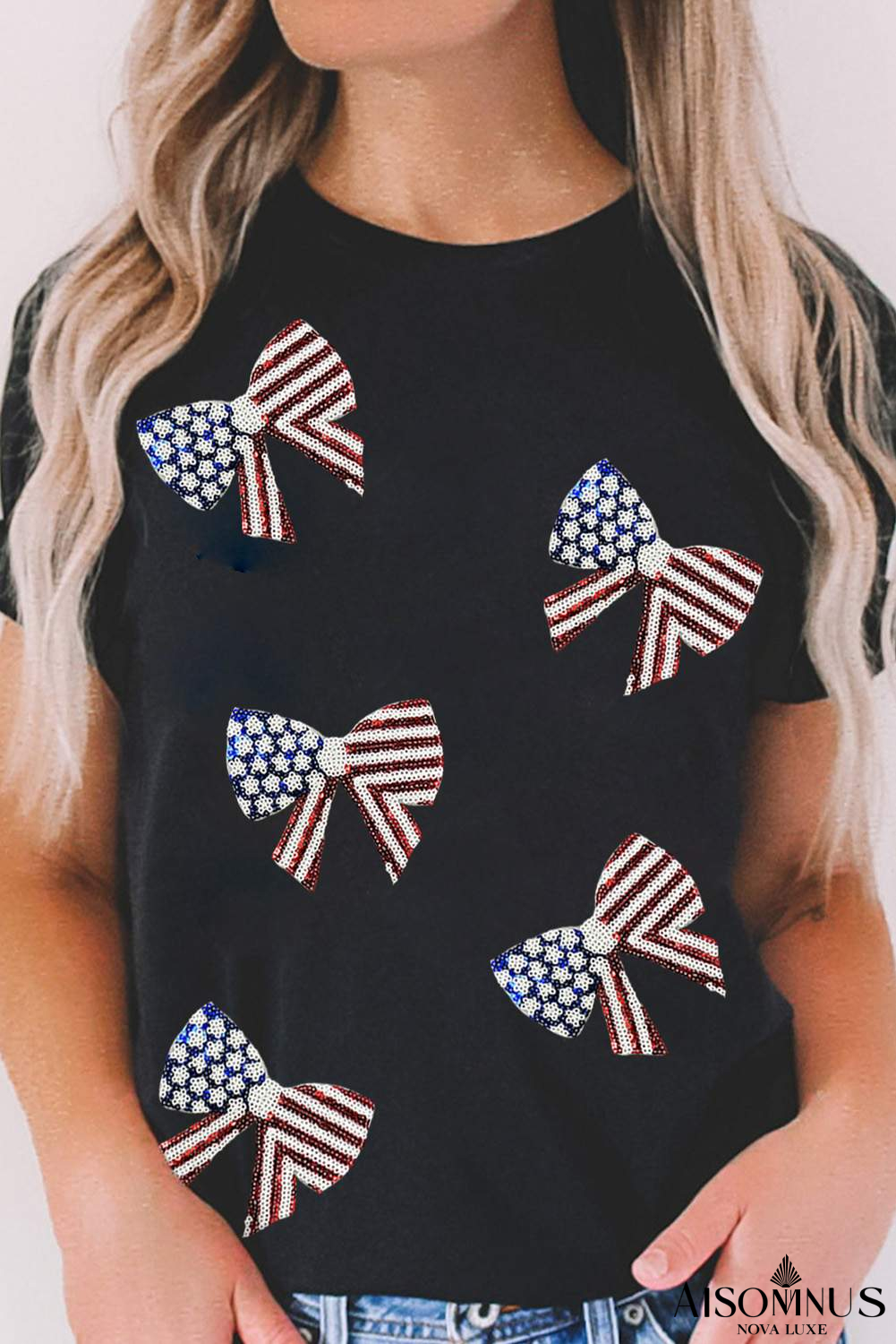 Black Sequined Flag Bowknot Graphic Roll Up Sleeve T Shirt