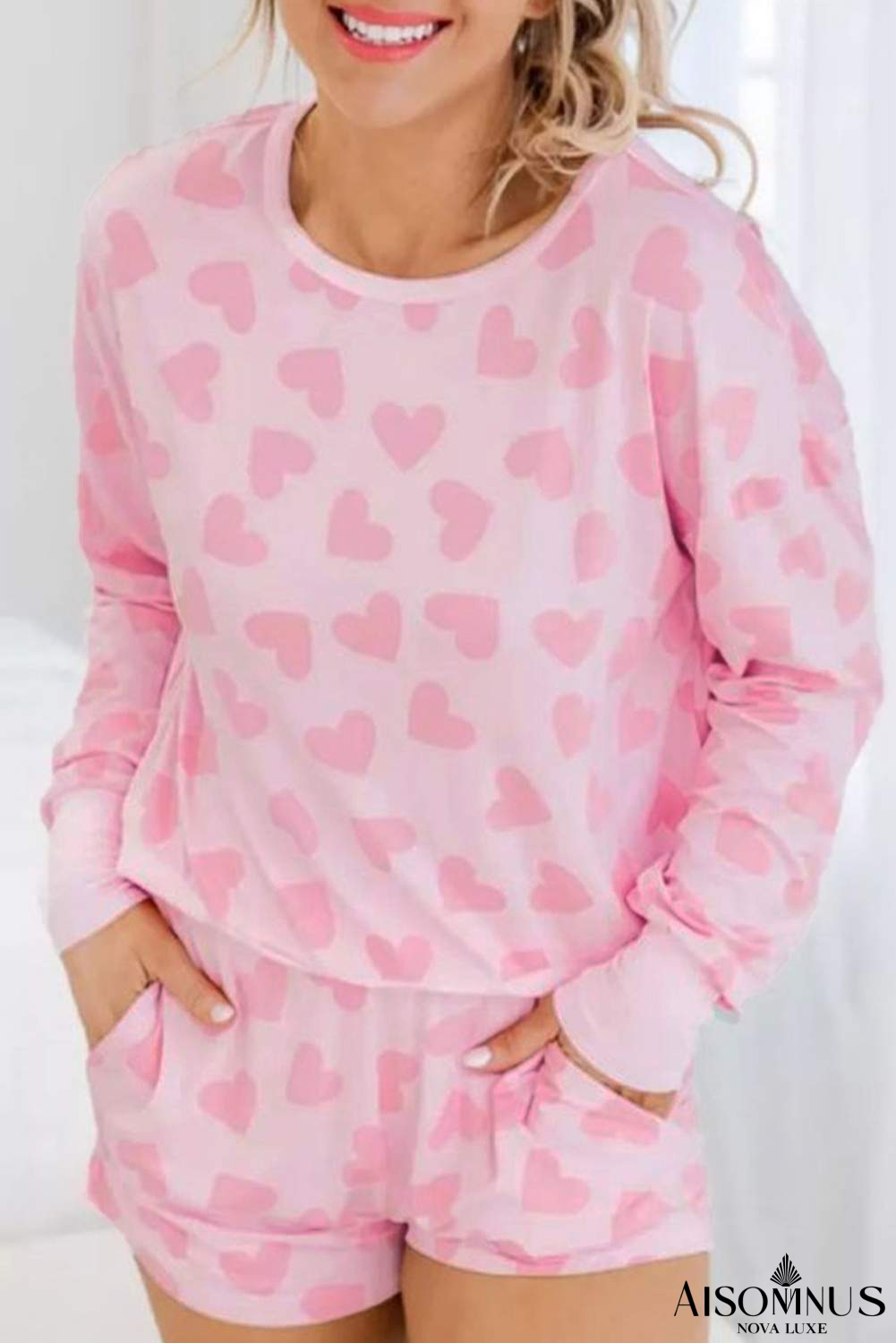Pink Heart Print Long Sleeve Top and Shorts Loungewear Set
