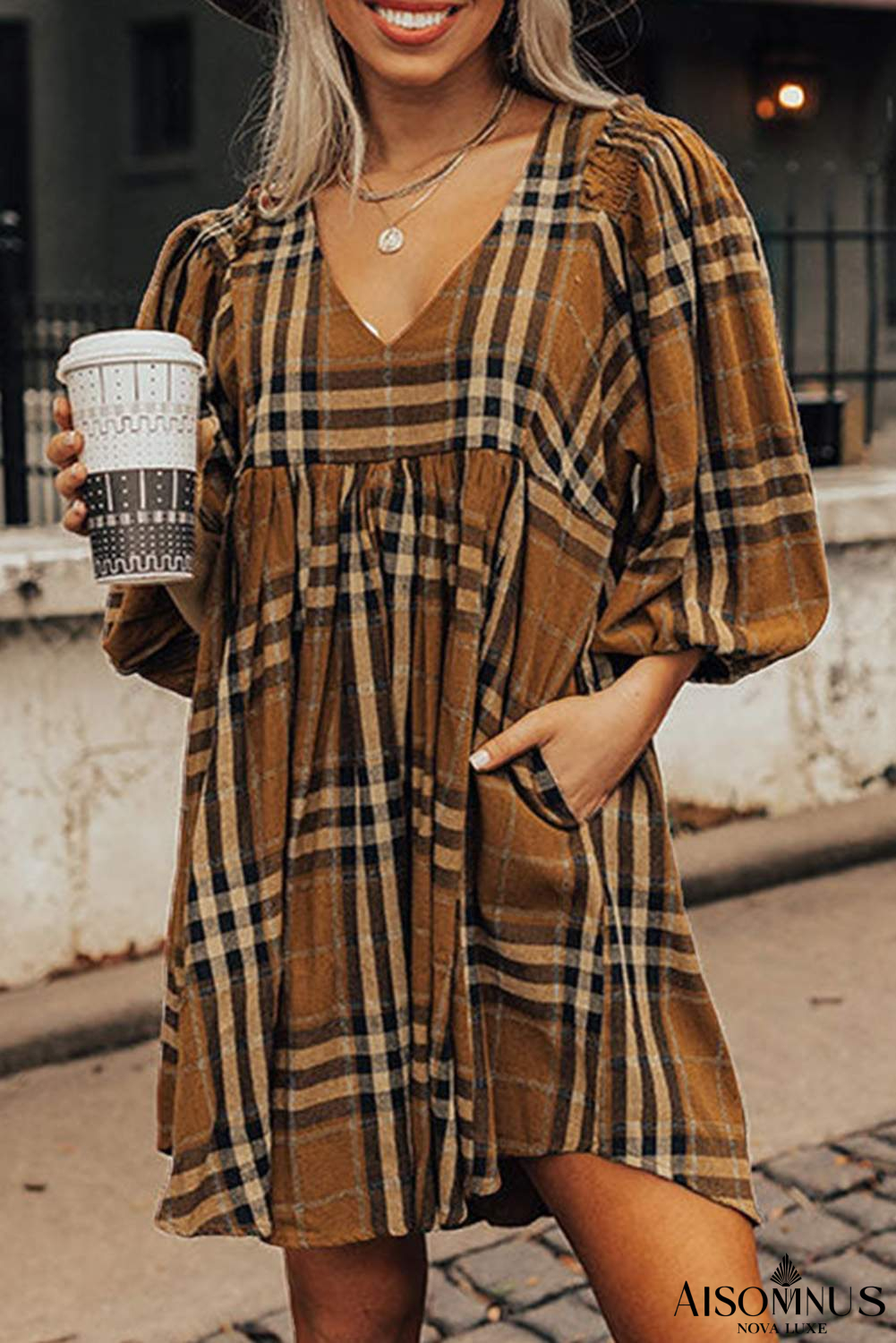 Brown Plaid Pattern Empire Waist Babydoll Dress