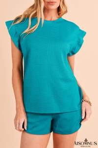 Skobeloff Textured Ruffle Split Top and Drawstring Shorts Set