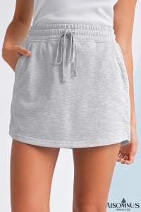 Light Grey French Terry Drawstring Mini Skort with Pockets