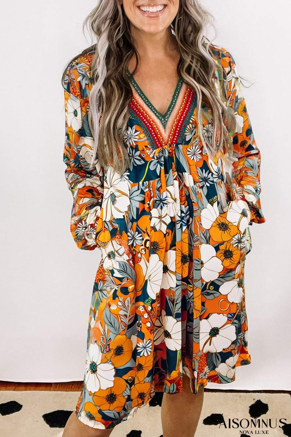 Orange Floral Print Striped Lace V Neck Long Sleeve Mini Dress