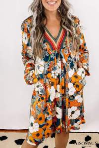 Orange Floral Print Striped Lace V Neck Long Sleeve Mini Dress