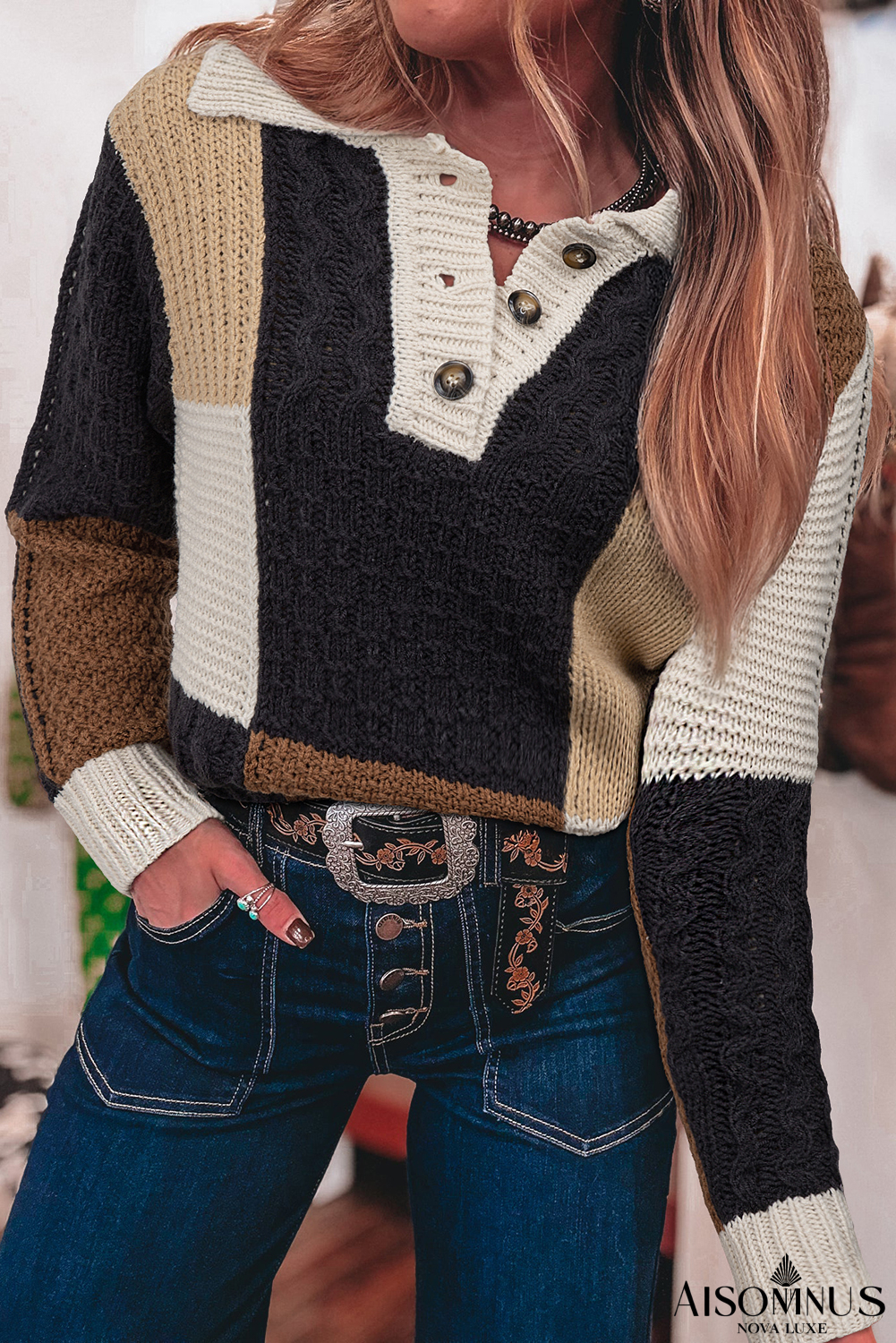 Multicolor Colorblock Cable Knit Sleeve Buttons Collared Sweater