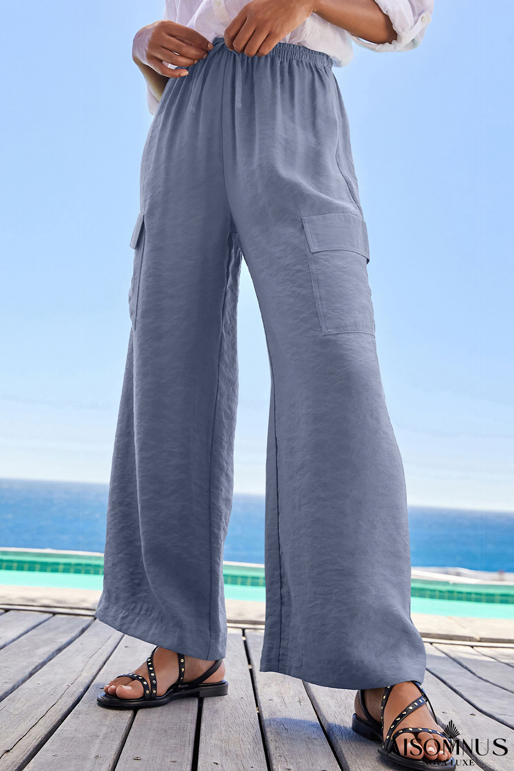 Dark Grey Drawstring Smocked Waist Wide Leg Utility Trousers