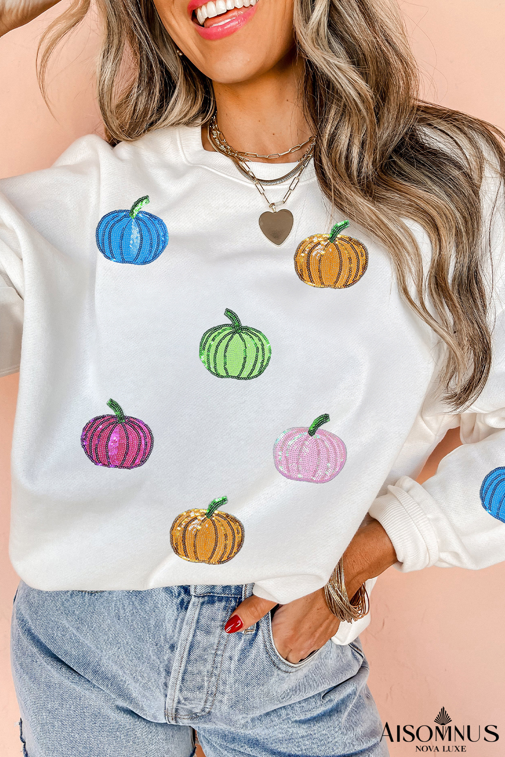 White Colorful Pumpkin Sequin Patched Drop Shoulder Sweatshirt