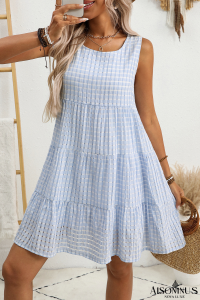 Light Blue Gingham High Waist Sleeveless Mini Dress