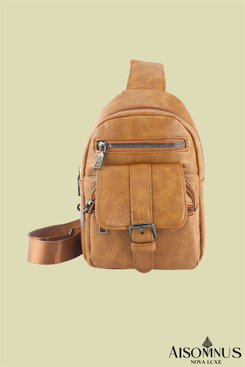 Khaki Vintage Zipper Multi Pockets PU Sling Bag