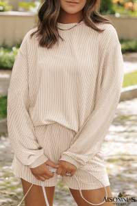 Parchment Corded Long Sleeve Top and High Waist Shorts Set