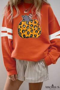 Orange Leopard Pumpkin Graphic Varsity Oversized Sweatshirt