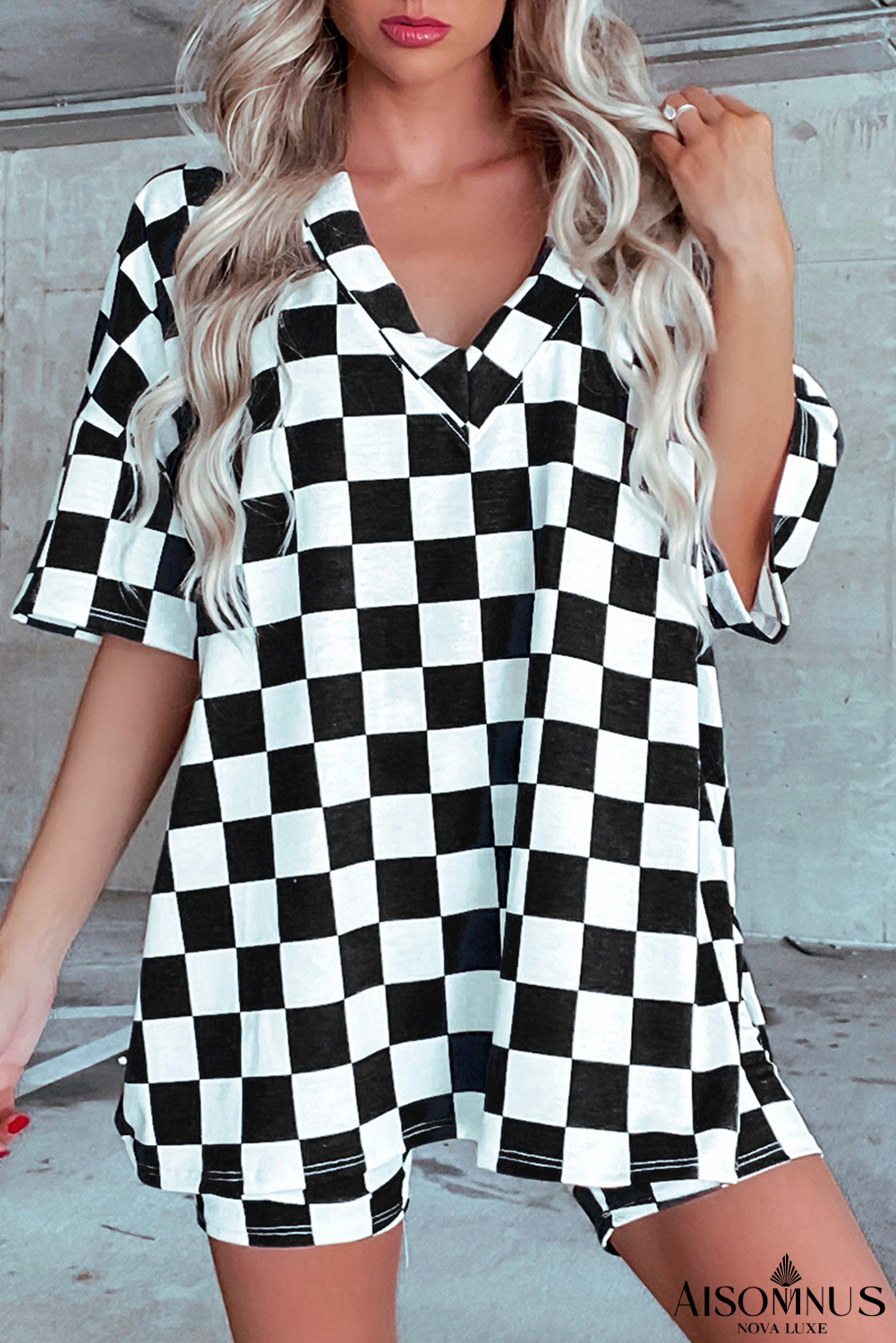 Black Checkered Print V Neck Pocketed Pajama Set
