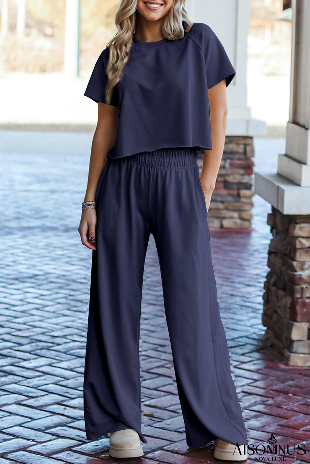 Navy Blue Raw Hem Loose Tee and Wide Leg Pants Set