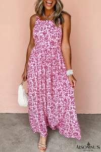 Pink Floral Cutout Back Empire Waist Sleeveless Maxi Dress