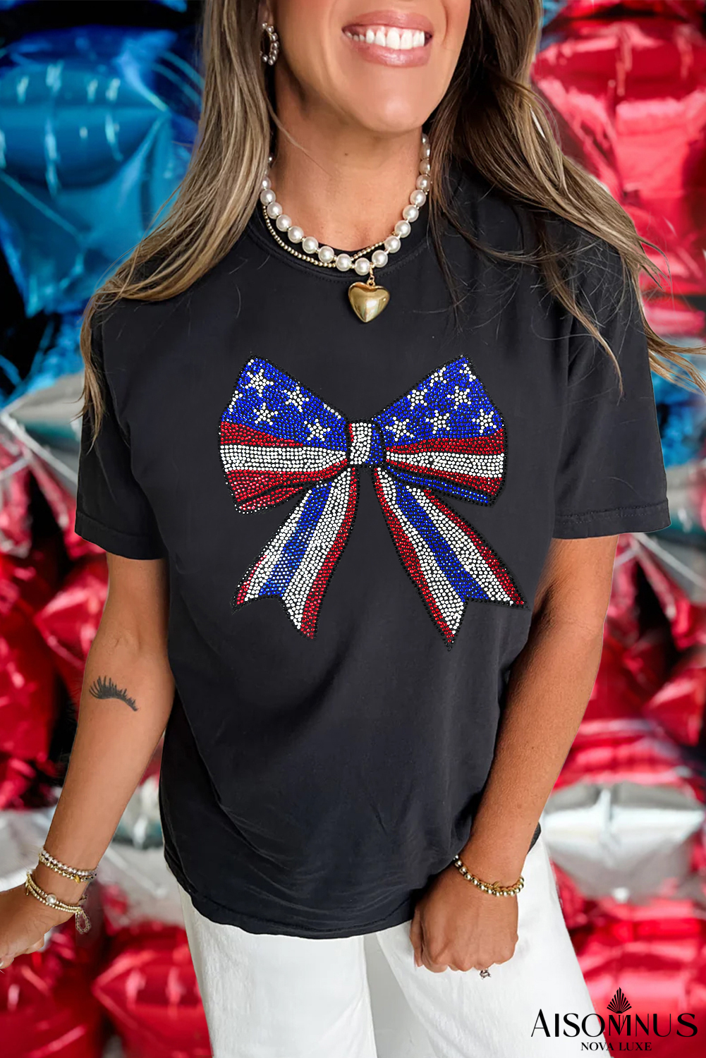 Black Rhinestone Stars and Stripes Bow Graphic Independence Day T Shirt
