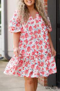Red Floral Ruffled Half Sleeve V Neck Plus Size Dress