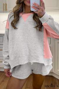 Light Grey Colorblock Raw Hem Pullover and Shorts Set
