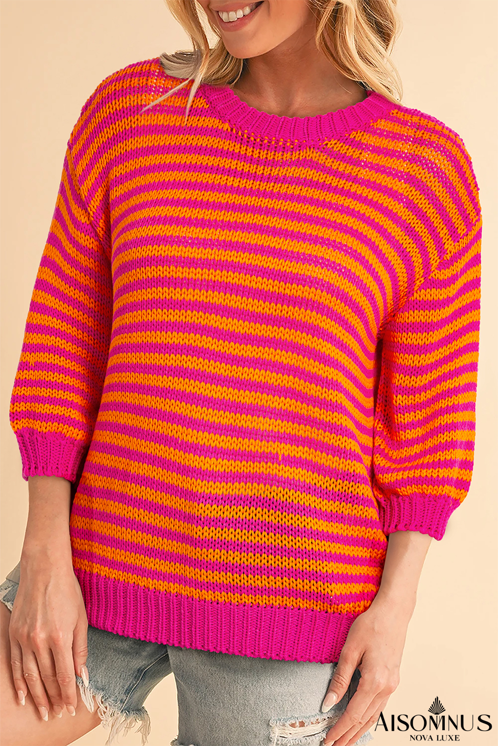 Rose Striped Puff Sleeve Round Neck Sweater