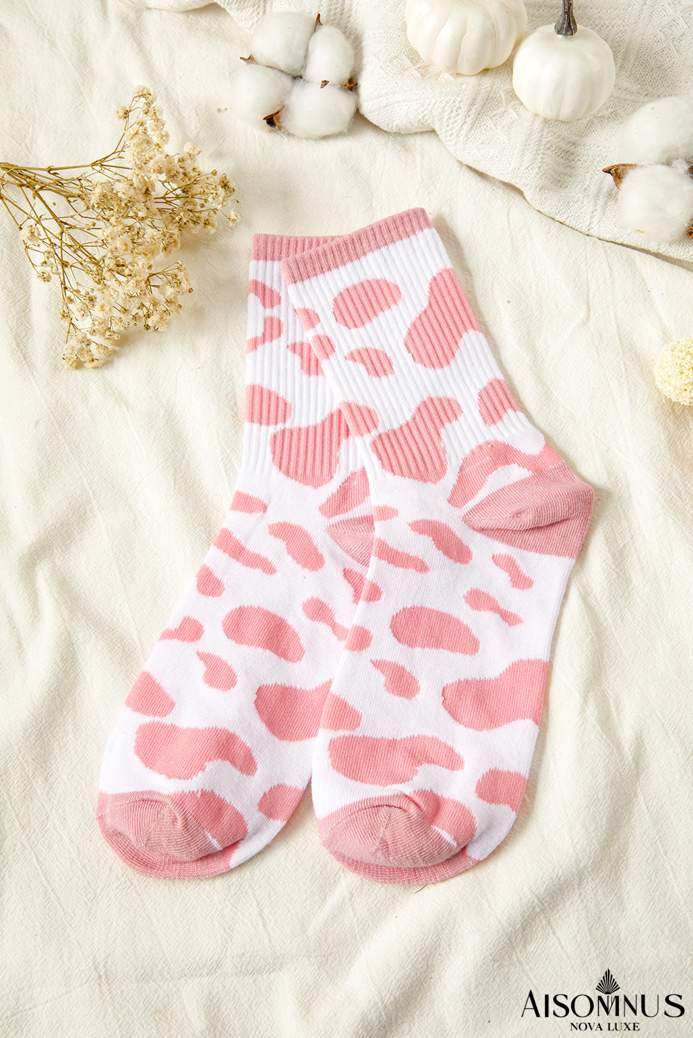 Pink Cow Print Fashion Crew Socks