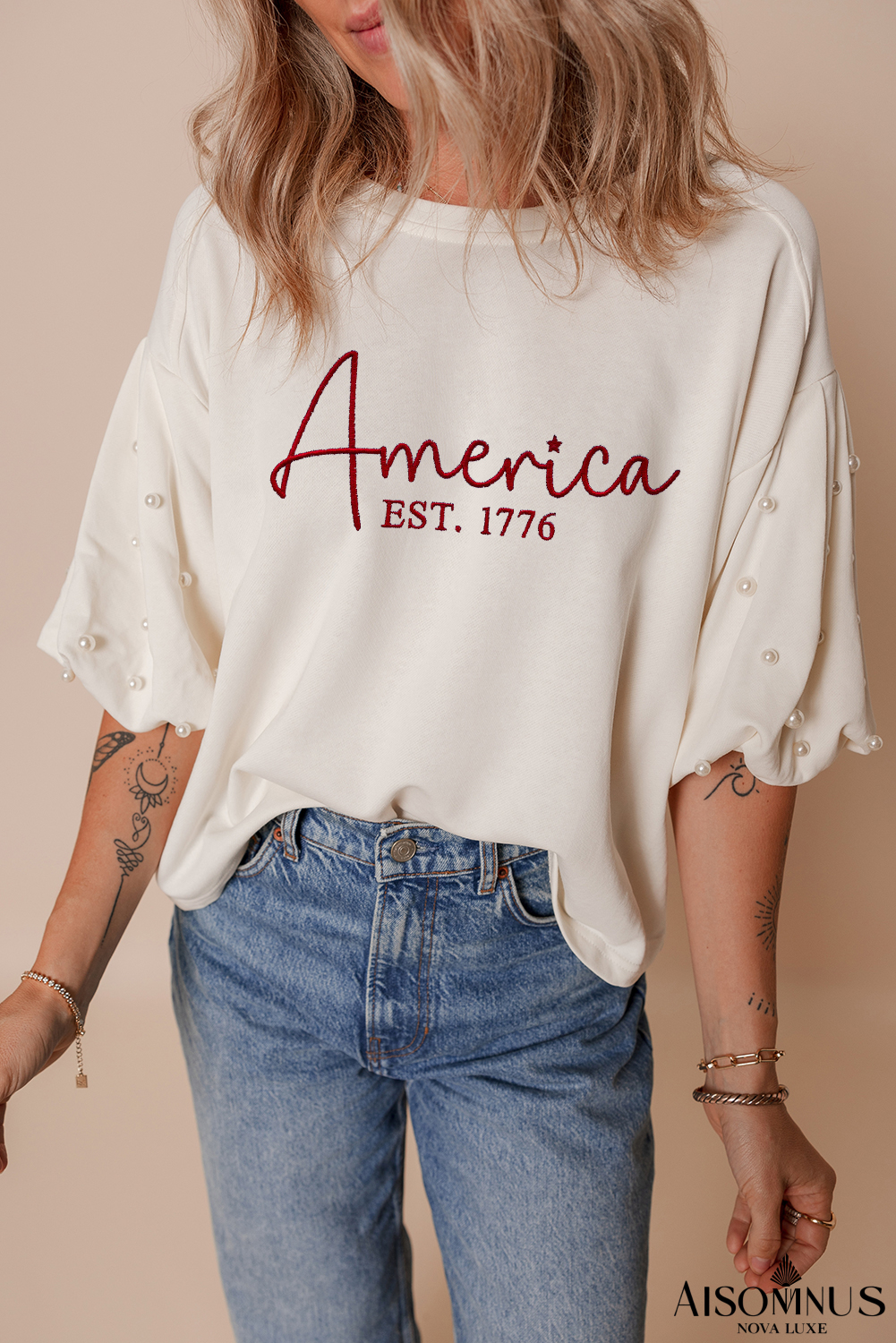White America EST 1776 Embroidered Pearl Beaded Sleeve T Shirt