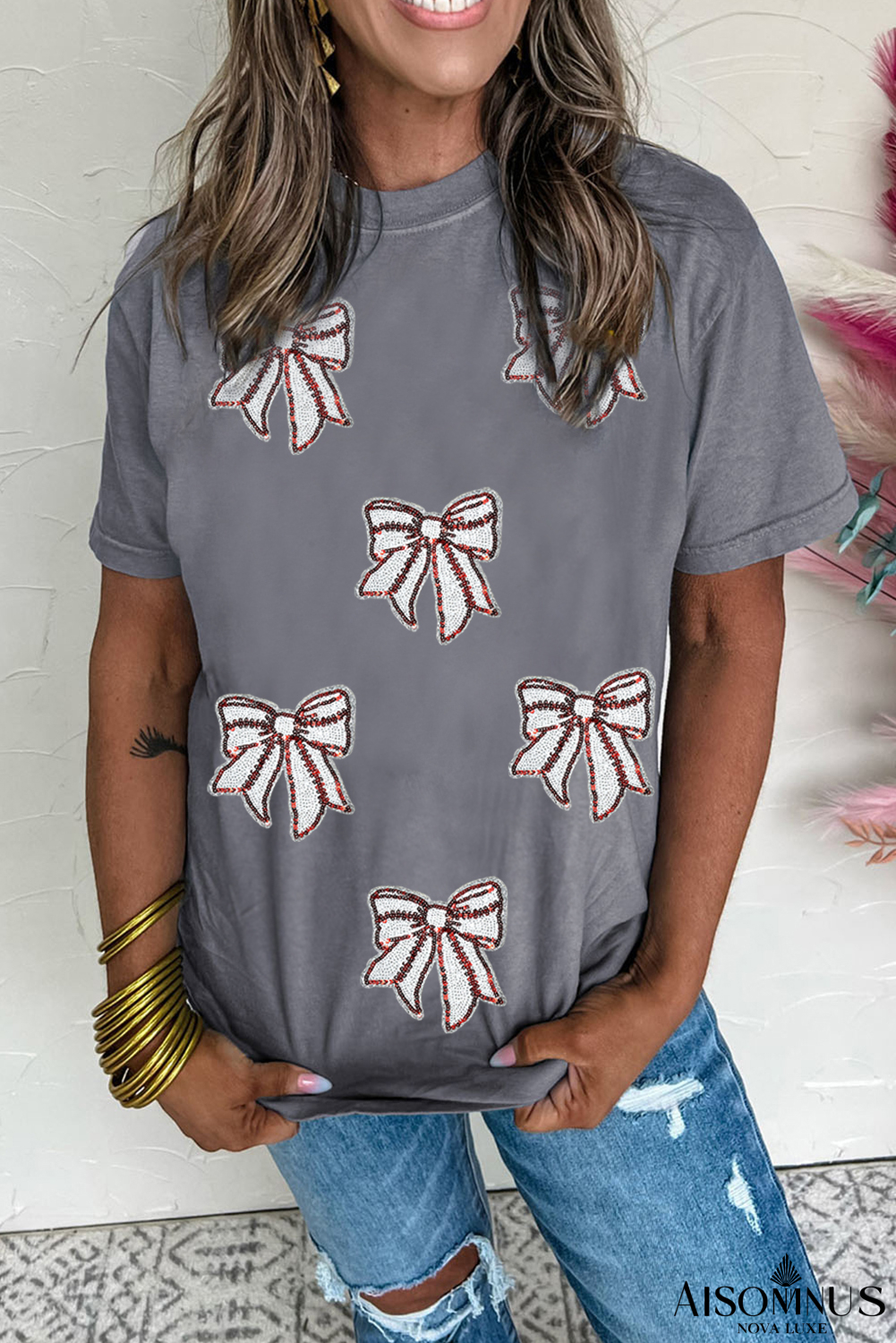 Gray Game Day Sequin Bow Fashion Graphic Tee