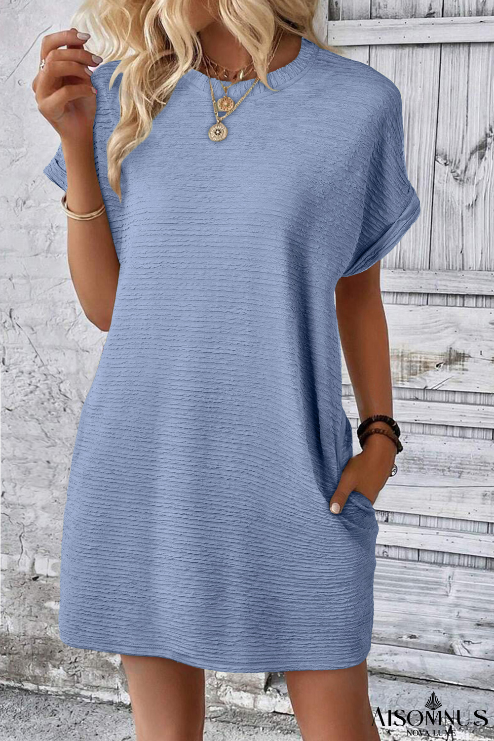 Myosotis Solid Color Textured Crinkle Mini T Shirt Dress