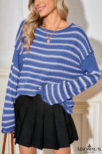 Sky Blue Casual Stripe Round Neck Drop Shoulder Sweater