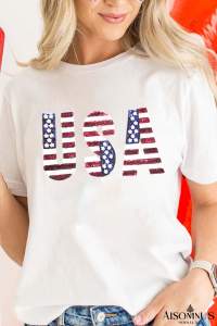 White USA Flag Sequin Graphic Patched Round Neck T Shirt