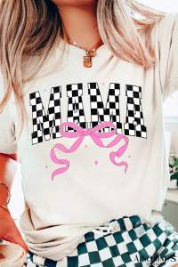 White Checkered MAMA Ribbon Bow Graphic Crewneck Tee