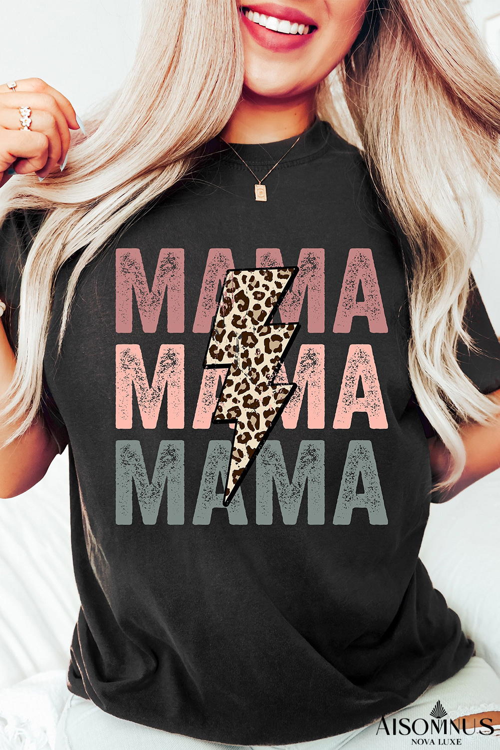 Black Leopard Lightning MAMA Letter Print Graphic Tee