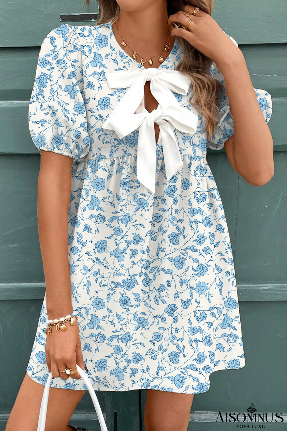 Sky Blue Floral Bow Front Puff Sleeve Mini Dress